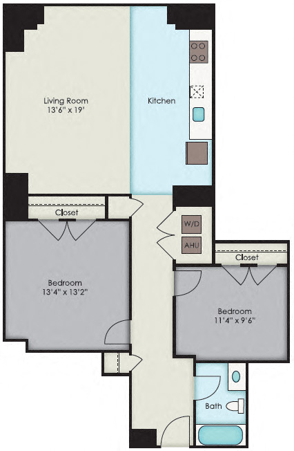 Floor plan for 2 beds, 1 bath, 1005 sqft